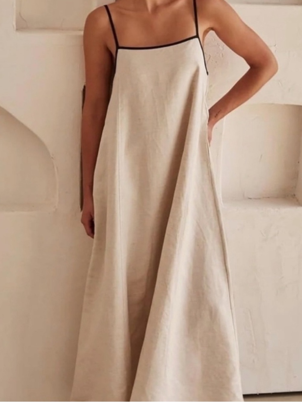 Senllen linen maxi dress Camel brown tan  Black Trim adjustable Size Small NWT - Picture 2 of 15